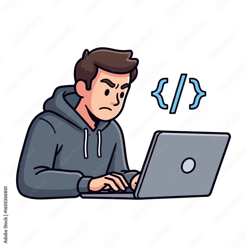 Frustrated Programmer and Code Symbol: A programmer is concentrated on programming, a visual of dedication and focus Frustrated Programmer and Code Symbol: A programmer is concentrated on programming, a visual of dedication and focus