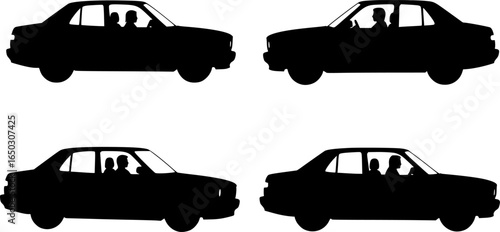 Silhouette illustration featuring hunters with rifles, compass, trees, and a beer mug in black and white editable eps vectors