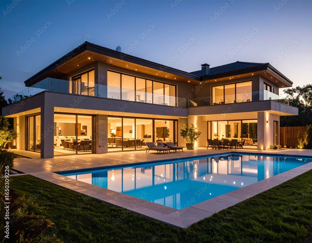 Luxury Modern Villa with Pool at Dusk Luxury Modern Villa with Pool at Dusk