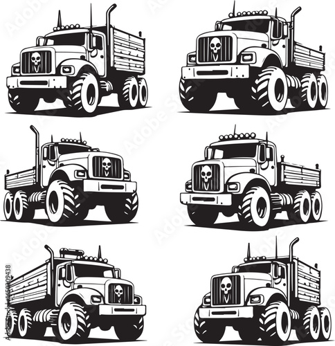 Six Black And White Vector Illustrations Of Monster Trucks With Skull Grilles vehicle transport