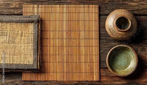 Rustic, Asian-style place setting on a wooden table