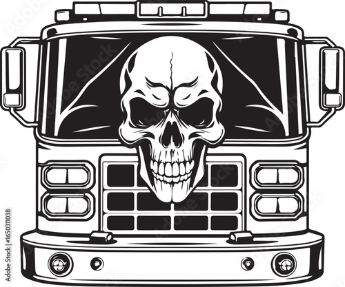 Fire truck front view with large skull graphic on white background fire engine skeleton