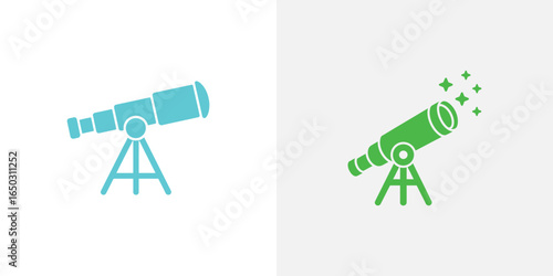 Illustration of Telescopes in Blue and Green with Stars on a Split Background