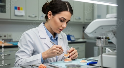 Dental Technician Working on Dentures - Focused female dental technician meticulously crafting dentures in a modern dental laboratory