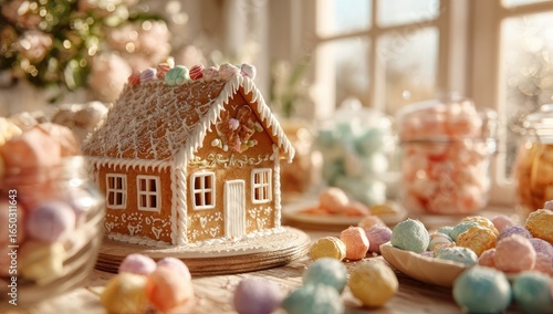 Gingerbread house centerpiece, pastel Easter