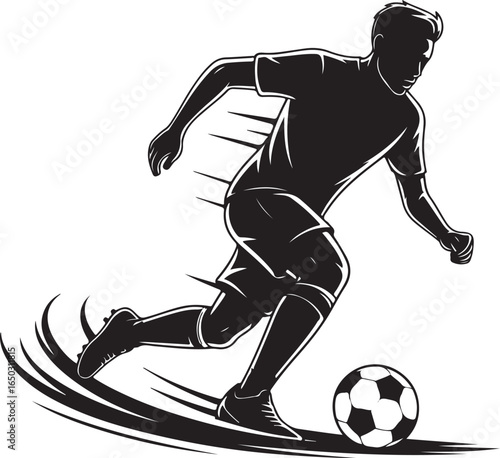 Dynamic soccer player dribbling ball with speed