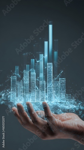 Smart city blueprint above a human hand with finance growth metrics and neon digital effects