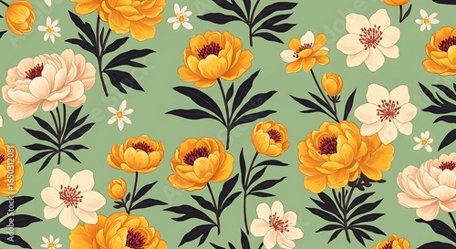 Wallpaper Mural A seamless vintage floral pattern with creamy white and yellow flowers on a muted green background.

 Torontodigital.ca