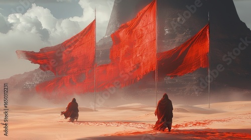 Vast desert landscape with large red banners.