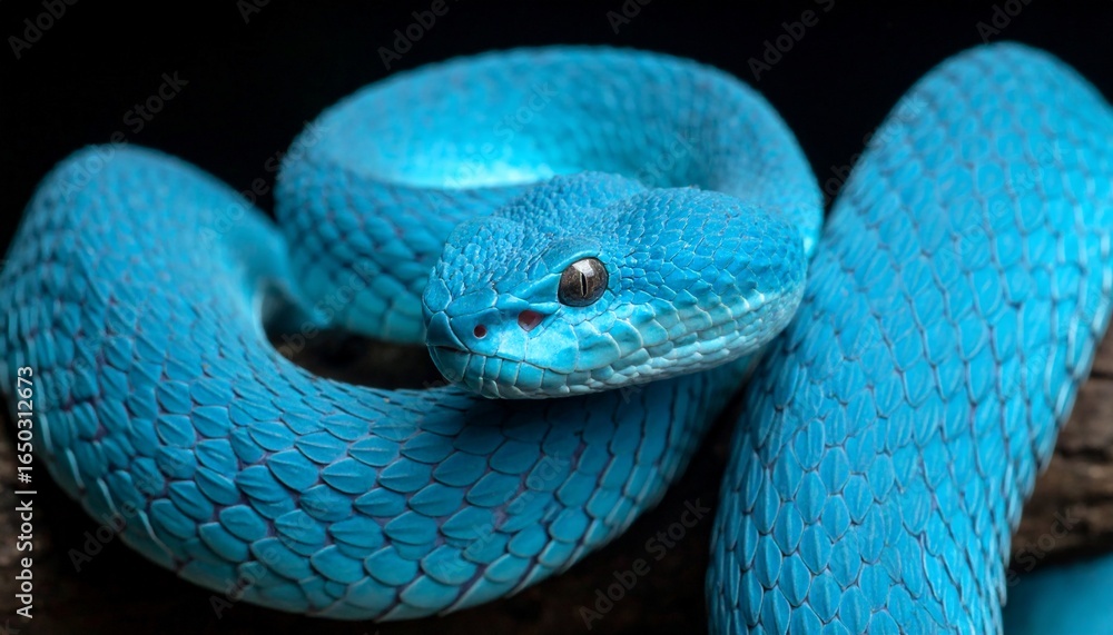 Fototapeta premium Striking close-up of a vivid blue viper snake coiled elegantly against a dark backdrop