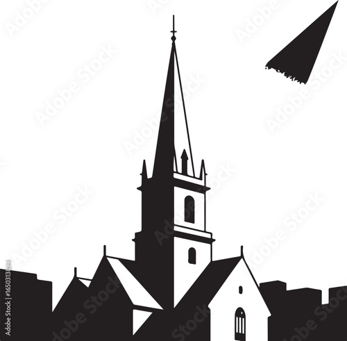 Dramatic church silhouette with falling star