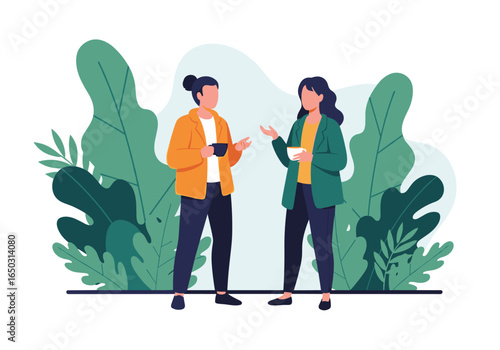 Two people are talking and drinking coffee amidst lush green leaves and plants