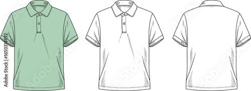 Detailed polo shirt design sketch, front and back views, fashion illustration, apparel template, clothing vector, garment blueprint, technical drawing for designers