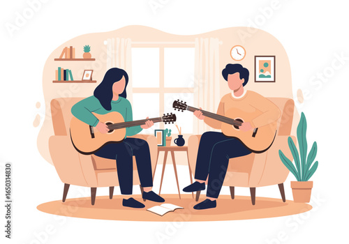 Two people playing acoustic guitars in a cozy living room setting
