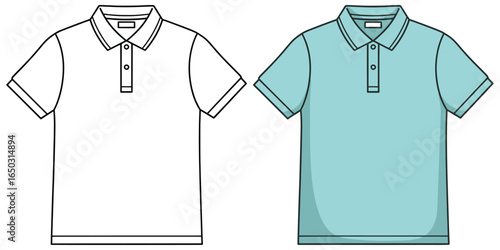 Short sleeve polo shirt front view shown in both black-and-white outline and light blue colored version for fashion design illustration
