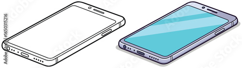 Smartphone vector illustration featuring side by side black and white outline and fully colored version in flat cartoon style for kids design projects