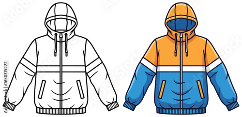 Hooded jacket vector illustration featuring side by side black and white outline and fully colored version in flat cartoon style for kids design projects
