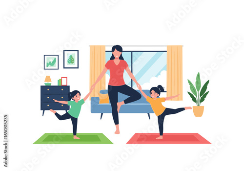 Mother and two daughters doing yoga together at home exercising in living room