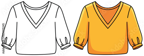 Blouse vector illustration featuring side by side black and white outline and fully colored version in flat cartoon style for kids design projects