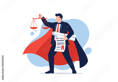 Man dressed as a superhero holding scales of justice and scrolls of law