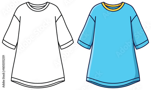Oversized t shirt vector illustration featuring side by side black and white outline and fully colored version in flat cartoon style for kids design projects