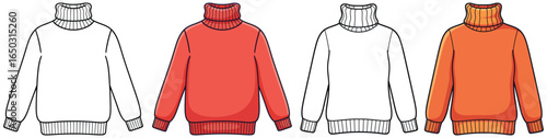 Turtleneck sweater vector illustration featuring side by side black and white outline and fully colored version in flat cartoon style for kids design projects