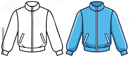 Jacket vector illustration featuring side by side black and white outline and fully colored version in flat cartoon style for kids design projects