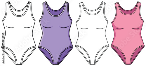 Bodysuit vector illustration featuring side by side black and white outline and fully colored version in flat cartoon style for kids design projects