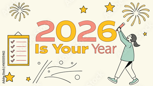 Optimistic 2026 New Year Illustration: Checklist, Fireworks, and Woman Celebrating