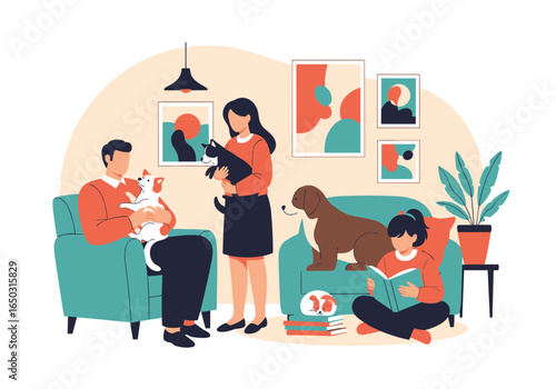 Happy family enjoying leisure time with pets indoors