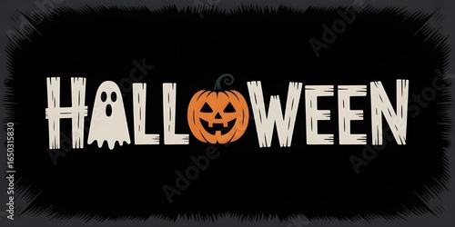 halloween typography with ghost and pumpkin icons on jagged black background, festive design for spooky seasonal themes