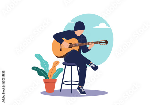 Man playing guitar sitting on a stool outdoor scene illustration