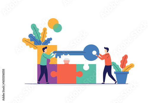 Two people working together using puzzle pieces and a key to find the solution