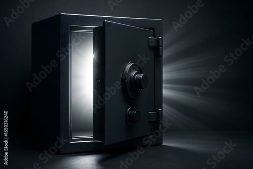 Open security safe vault with bright light inside, metal strongbox protection concept. Secure banking storage container, digital wealth protection, confidential valuables security isolated on dark bac