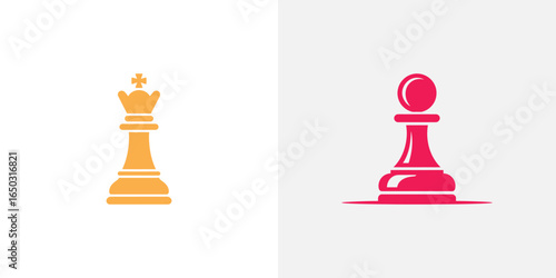 King and Pawn Chess Pieces Illustrated Icons in Yellow and Red, Game Elements