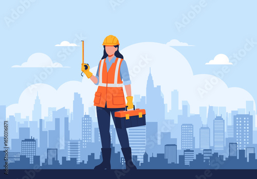 Female construction worker with tools and measuring tape in urban setting