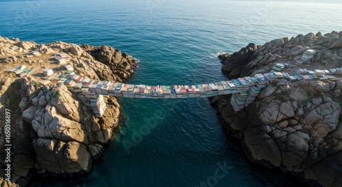 Ocean Bridge Connecting Rocky Shores - A unique bridge built from colorful boats spans a calm ocean, connecting two rocky cliffs.