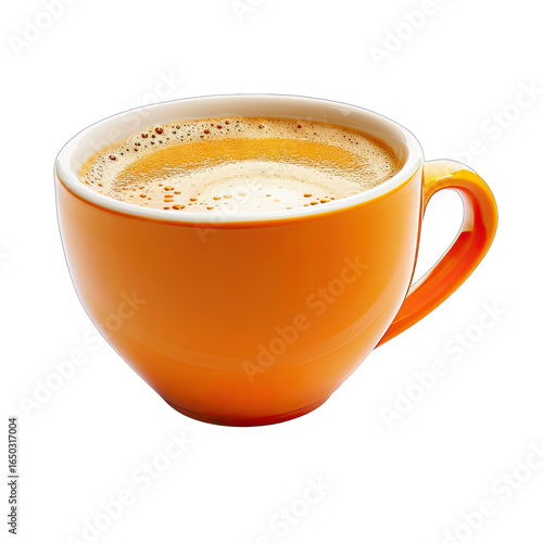 Orange mug filled with coffee.  Creamy, light-brown coffee foam atop a darker liquid.  Bright orange ceramic mug with a handle.  Isolated on white background