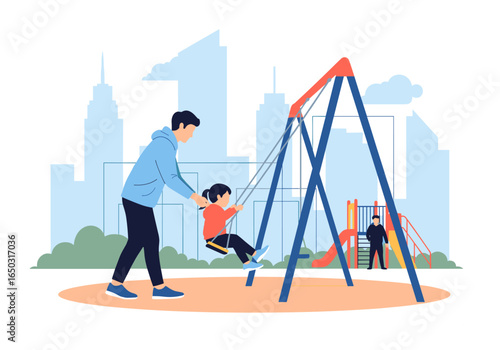Father pushing daughter on swing set in urban park playground with city skyline background