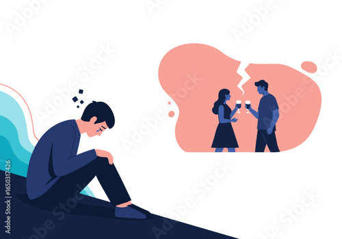 Man feeling sad and alone thinking about past relationship broken heart and broken love