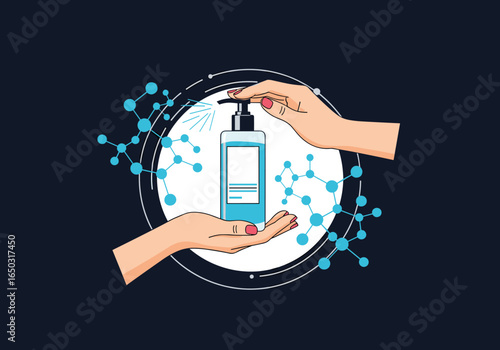 Hands applying antibacterial gel sanitizing liquid to prevent spreading germs and bacteria