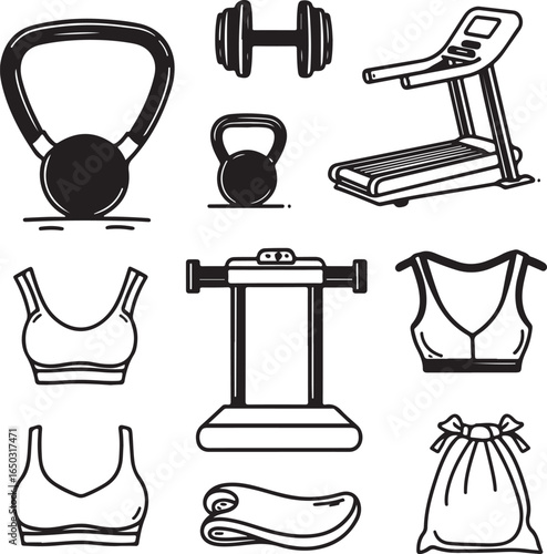 Collection of hand-drawn fitness equipment and apparel on white background kettlebell dumbbell