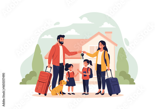 Happy family receiving keys to their new house ready for a vacation