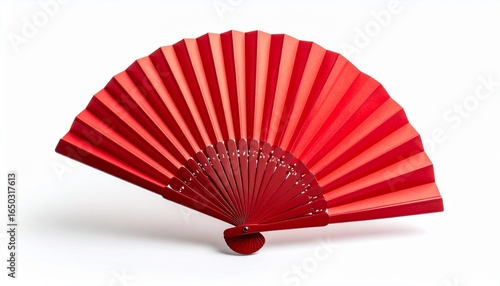 Elegant Red Paper Folding Hand Fan Isolated on White Background