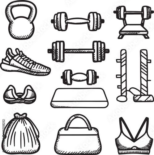 Doodle style fitness equipment and sportswear icons on white background kettlebell dumbbells
