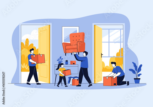 Family moving furniture and boxes into new home together