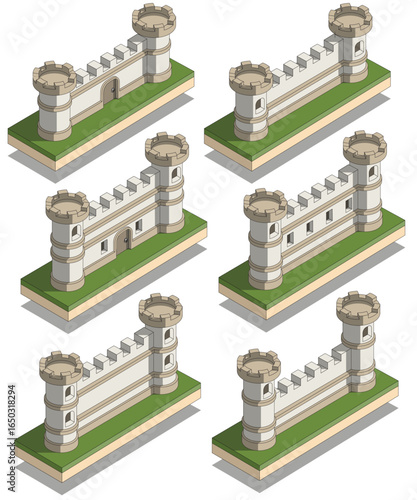 A set of fortress walls with towers. Isometric. Isolated on white background. Vector illustration. 