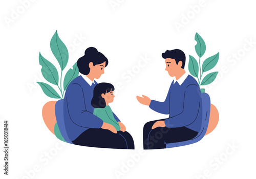 Family therapy session with parents and child discussing issues calmly and supportively