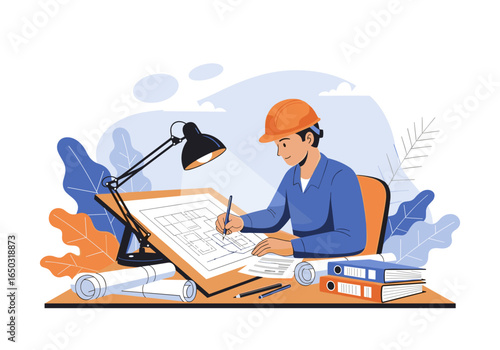Professional architect working on blueprints at a desk with a lamp