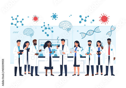 Diverse team of scientists conduct medical research in modern laboratory setting
